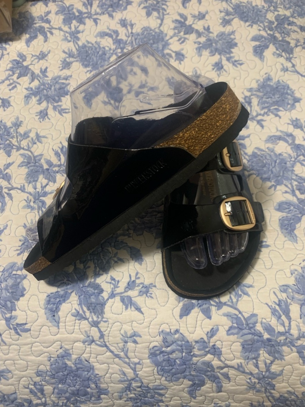 Birkenstock Vegan Black Patent Cork Slide Sandals with Gold Buckles